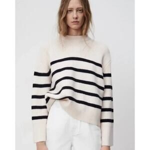 ZARA Breton Striped Sweater Crew Neck Chunky Knit Oversized Wide Sleeve White